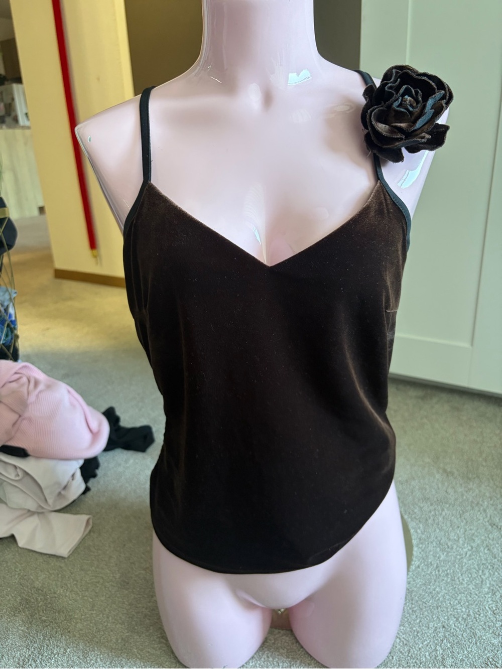 Vintage Mexx Black Velvet Camisole with Floral Shoulder Accent